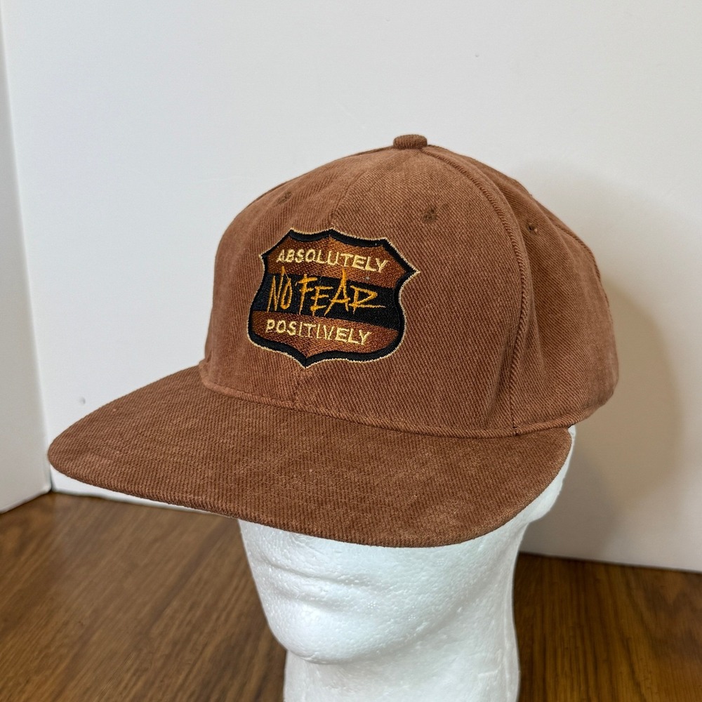 Vintage No Fear Snapback Hat Brown Corduroy Made in USA 90s Shield Logo Cap